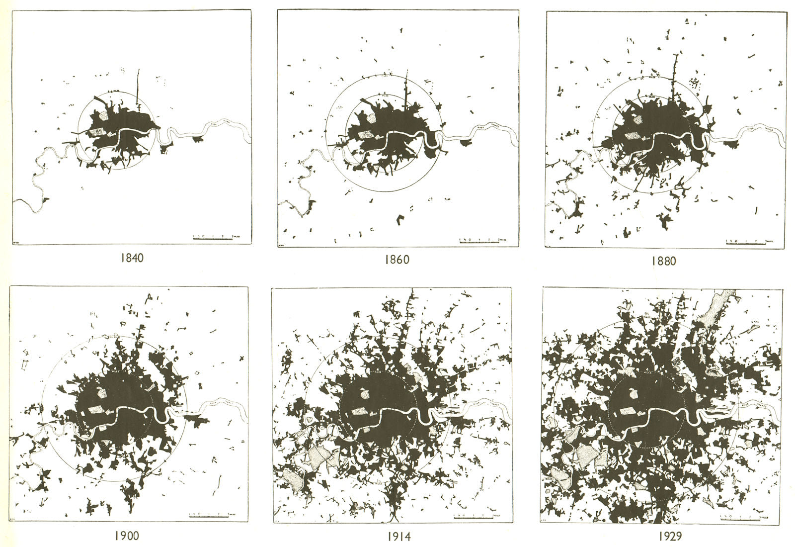 LONDON GROWTH. Urban sprawl 1840-1929.Greater London Plan. ABERCROMBIE 1944 map